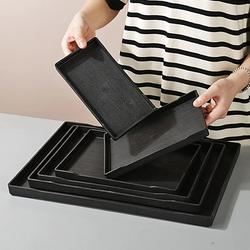 Black Square Realistic Wood Grain Kitchen Table Candle Holder Coffee Table Snack Plate Decor Butler Ottoman Plastic Serving Tray