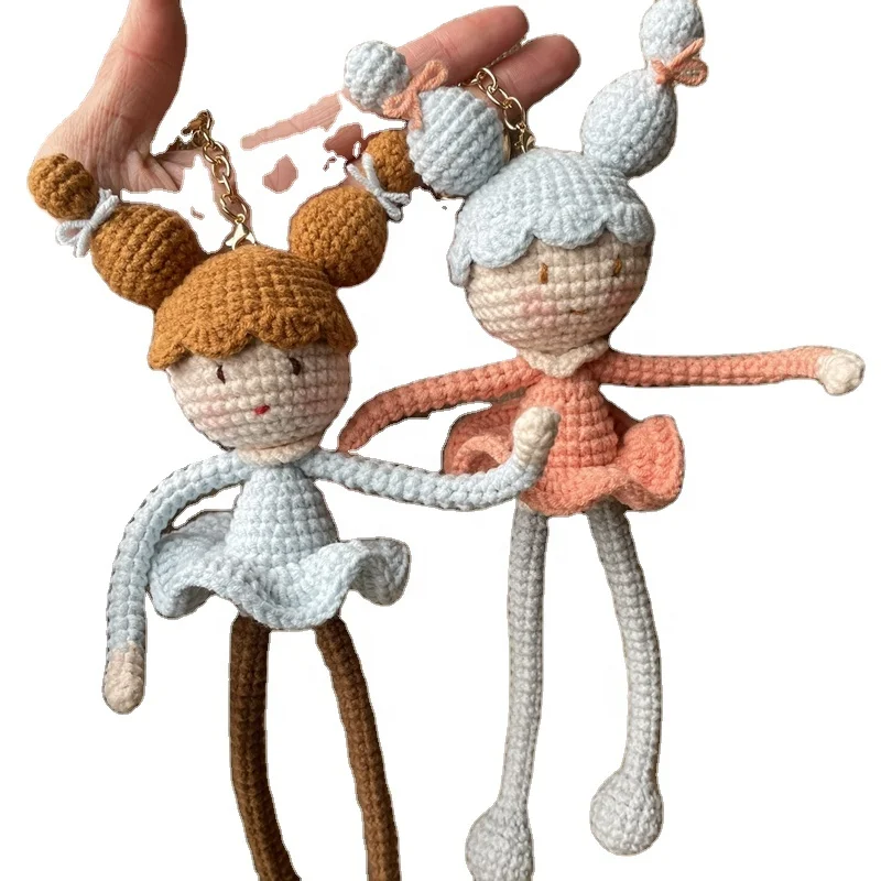 Wholesale customized 100% pure hand crochet girl doll toy key chain baby knitting gift long leg doll key chain