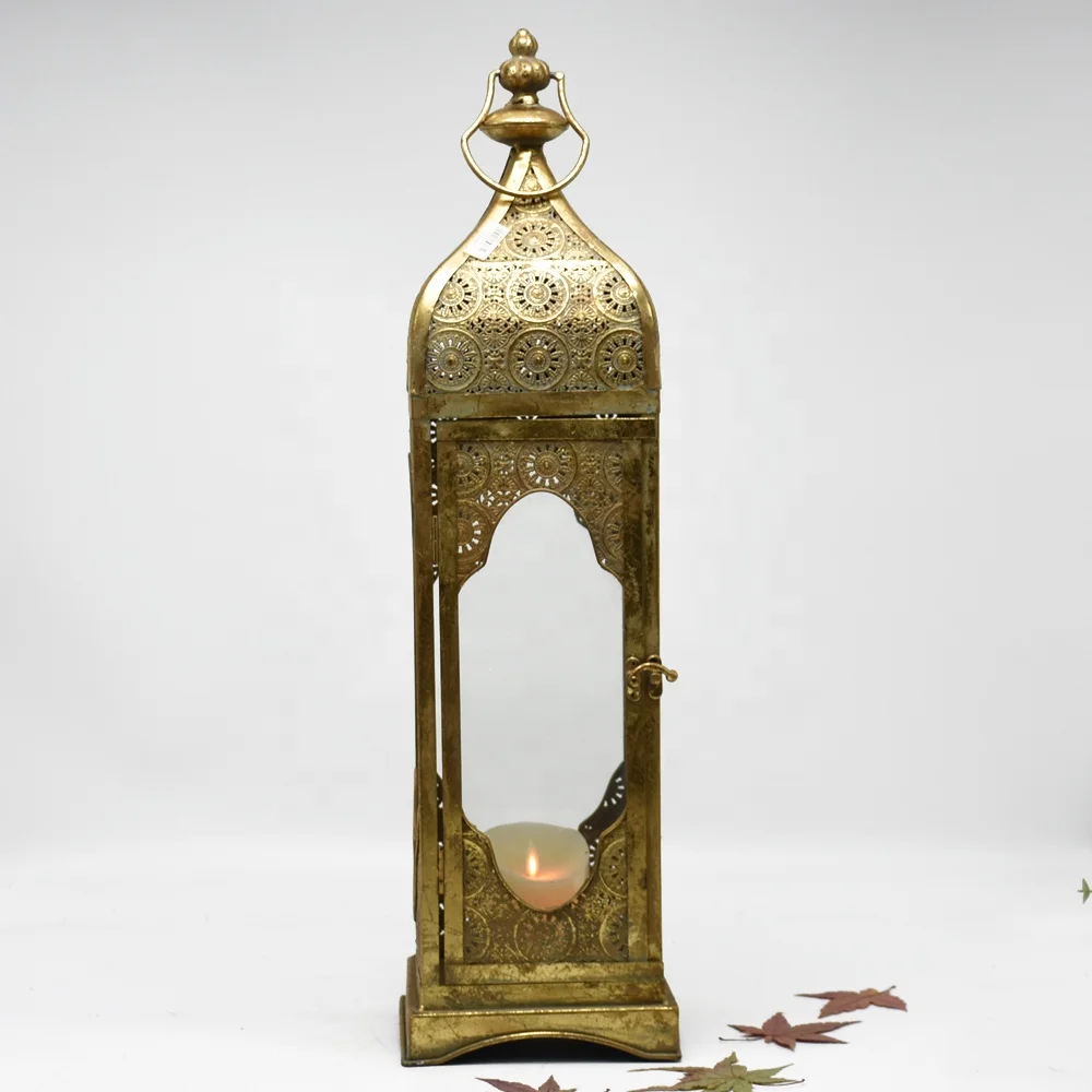 Luckywind Large Antique Golden Leaf Vintage Moroccan Metal Lantern Candle Holder