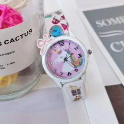 Новый 2021 для детей детская одежда с рисунком для маленьких девочек с мультяшным принтом «Единорог» Симпатичные кварцевые инкрустированные алмазами украшения часы