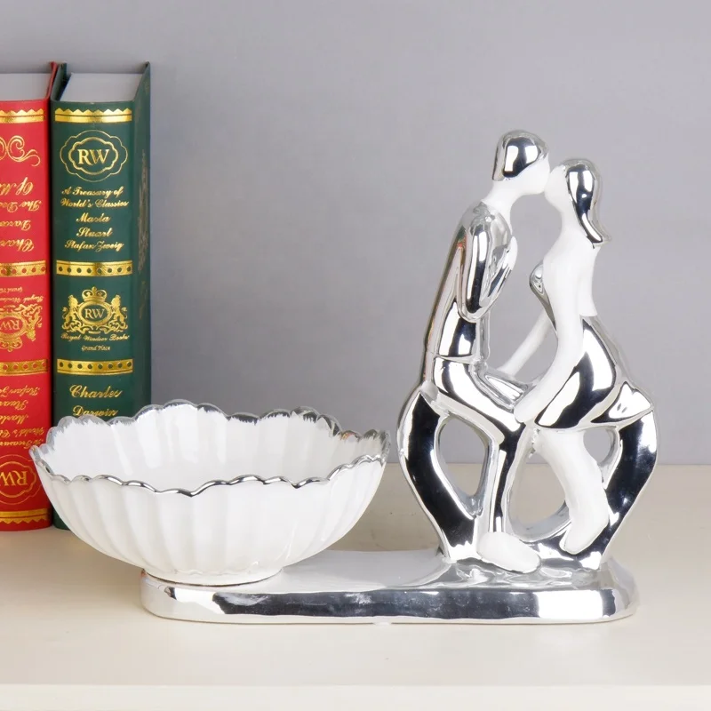 European Silver and Gold Ballet Double Dancing Sculpture Statue Fruit Bowl Ceramic Figurine Couple Dancing Home Decor