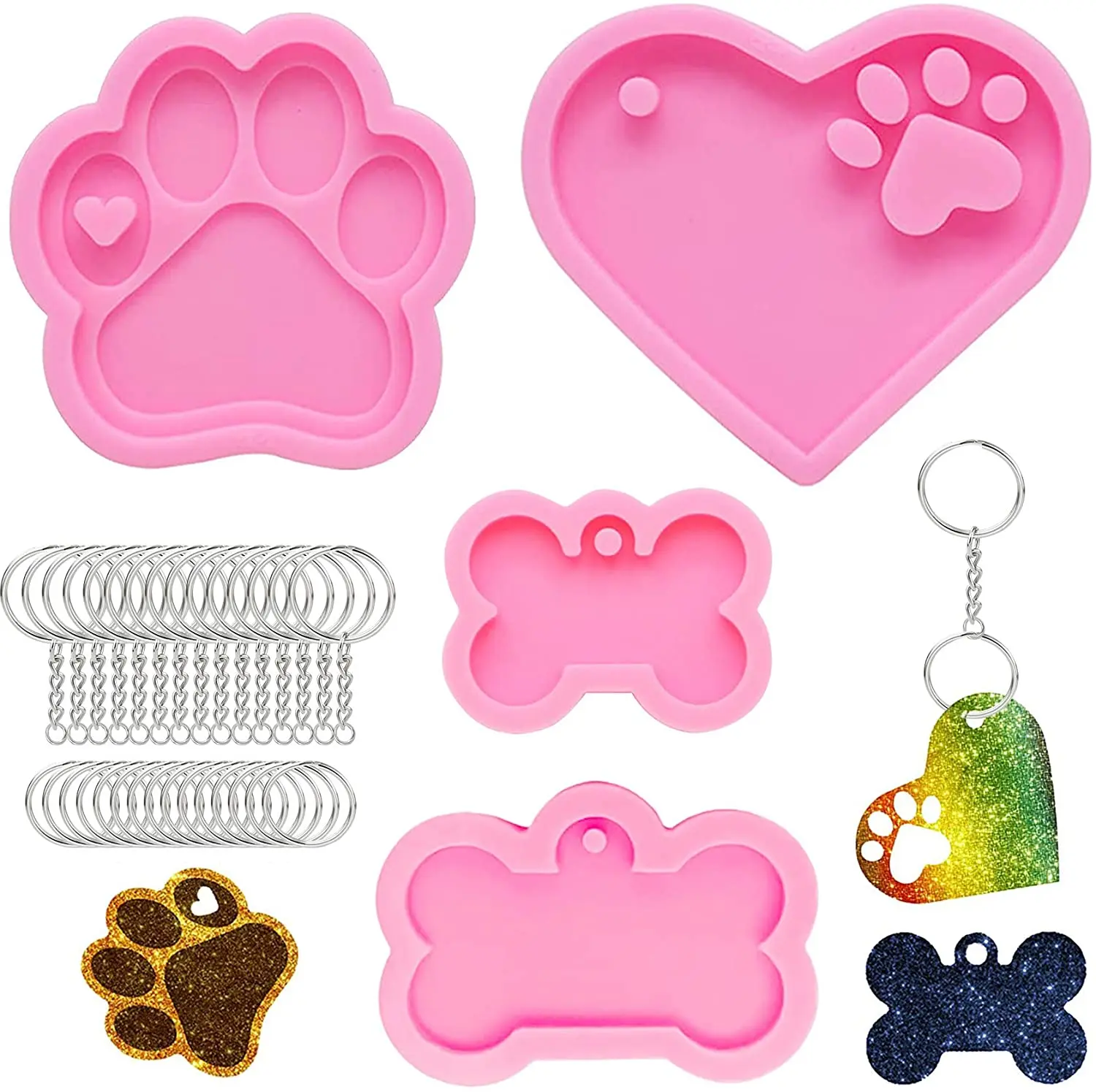 Keychain Silicone Mold Kit,4 Pieces Large Dog Paw/bone/heart Resin Mold for DIY Dog Tag Baking Epoxy Resin with 10 Pieces Ring