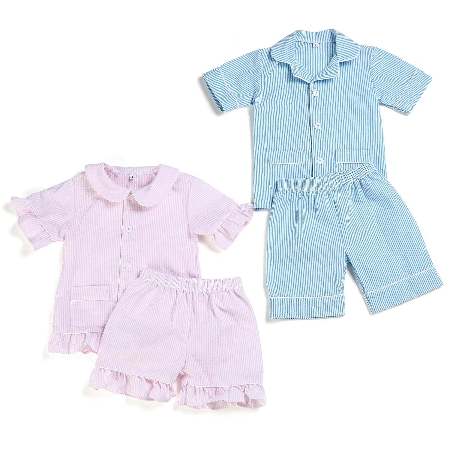 No moq seersucker summer two pieces shorts sets frill baby girls pyjamas sets monogram boys pajamas