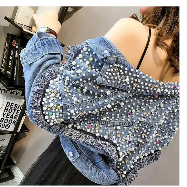 
SE2442 Women Korea Sweet Pearl Decor Denim Jacket Wind Short Jeans Jacket Pearls Long Sleeve Casual Pockets Loose for ladies 