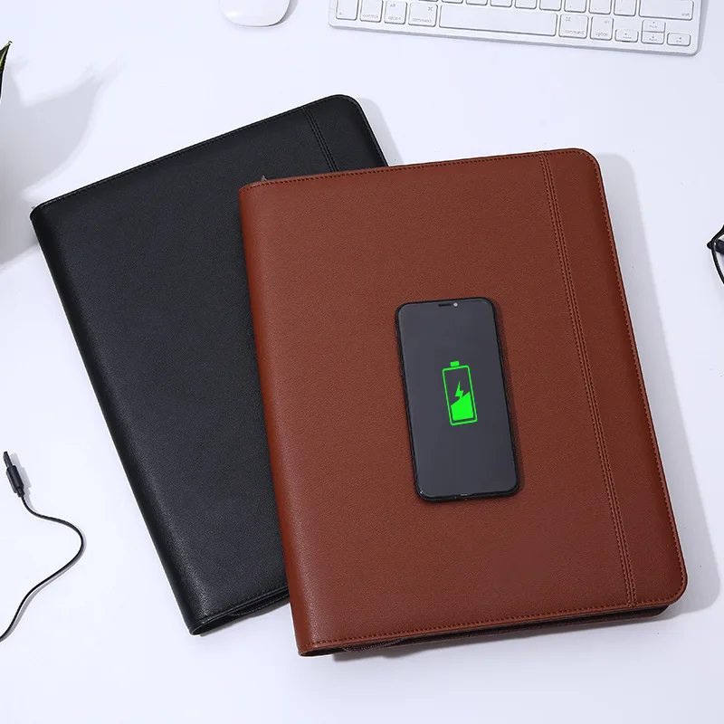 Multi-function powerbank a4 pu leather notebook wireless charging gift business Portfolio office file folder