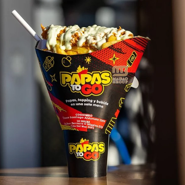 Custom French Fri Paper Cup Disposable Stackable Papas Fritas Wings Cone 12oz Paper Cup Takeaway Food Container for Restaurant