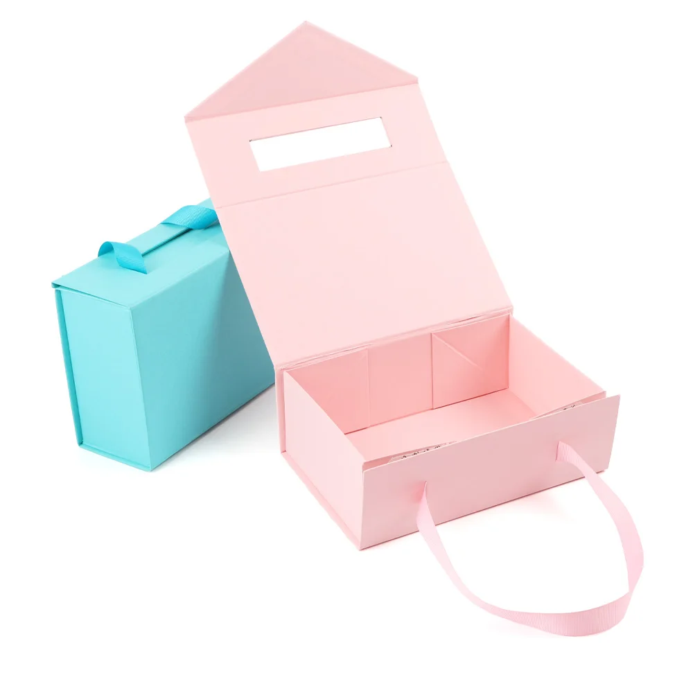 RTS ribbon handle pink rigid paper cardboard packaging magnetic folding  paper mothers day wedding magnetic luxury gift box