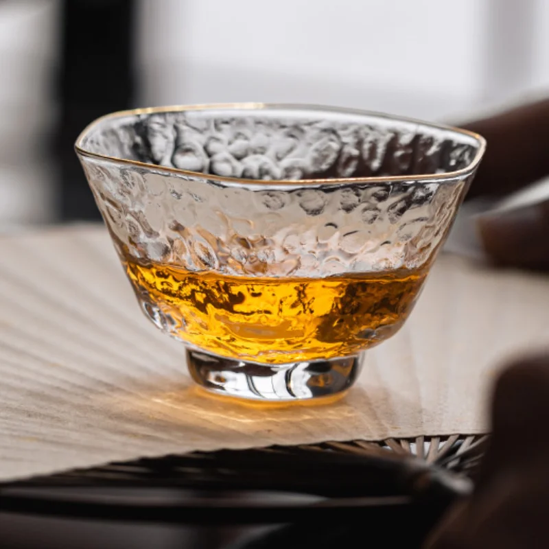 Hand Made Fancy Design Gold Rimmed Japanese Style Sake Glass Cup Tea Glasses Hammered