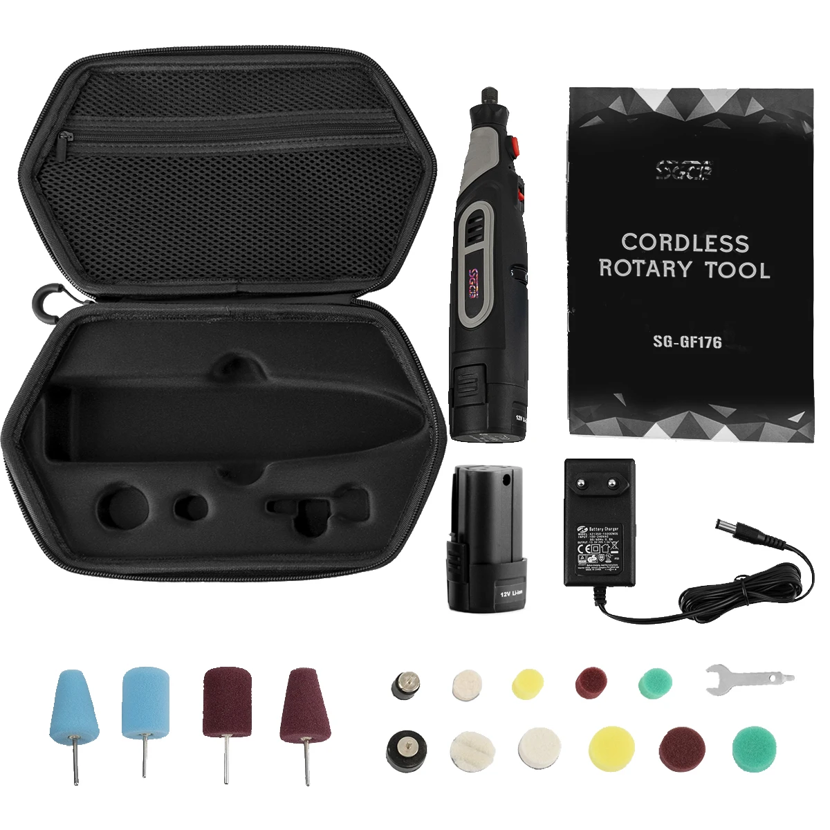 SGCB 20Pcs Powerful Mini Detail Polisher Kit - Cordless Rotary Tool 12V Li-ion Battery IVT 5,000-25,000 RPM Auto Detailing Set
