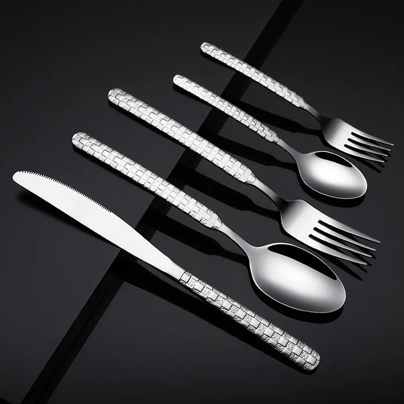 Middle Eastern Style Stainless Steel Flatware Mirror Silverware Grid Handle Cutlery Set