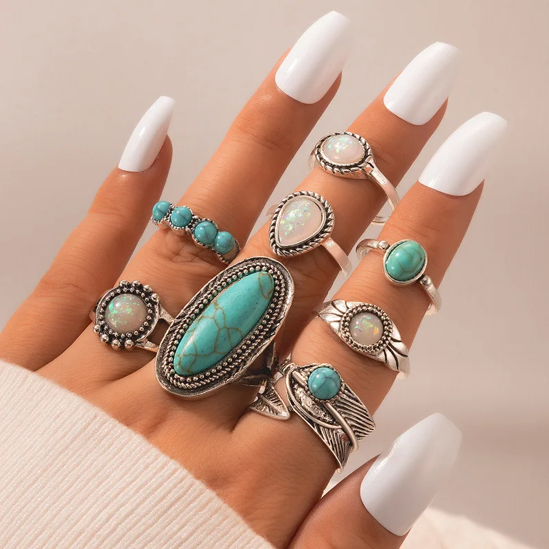 Ethnic Style Vintage Inlaid Turquoise Carved Feather Ring Classic 8-Piece Combination Ring Suit Fashion Personality Main Alloy