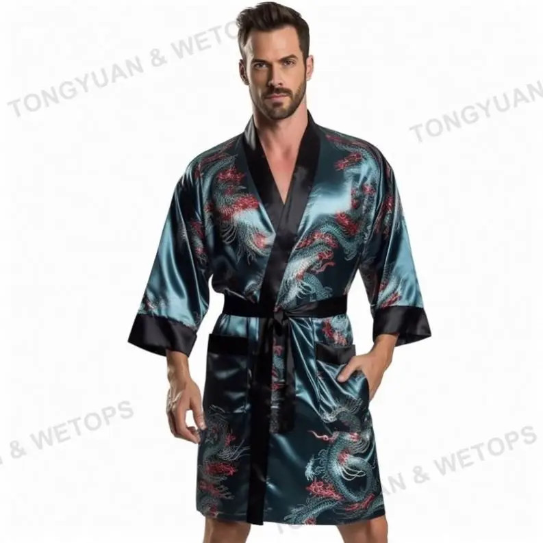 Mens Dragon Print Long Sleeve Satin Kimono Belted Robe Sleepwear With Shorts