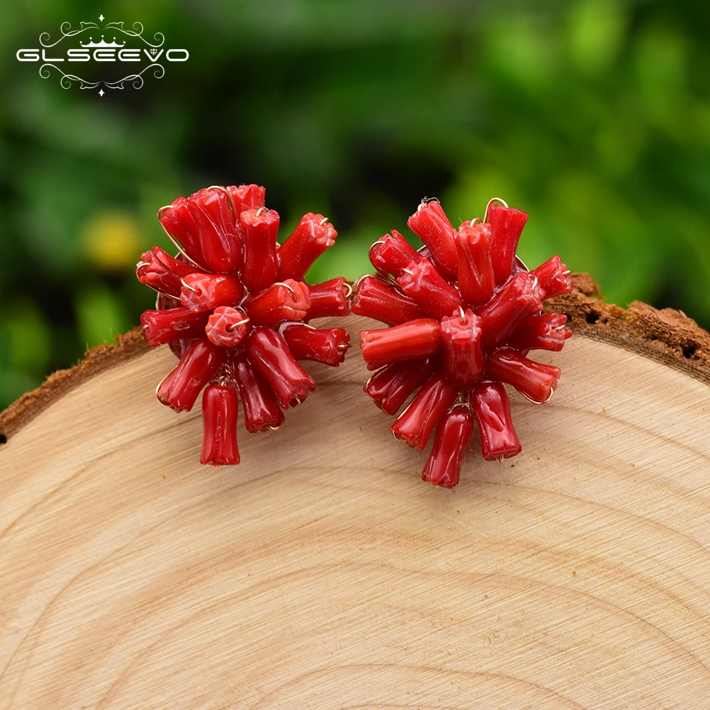 Handmade Natural Red Sea Bamboo Coral 925 Sterling Silver Stud Earrings For Women Wedding Party Luxury Jewellery