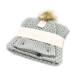 Fuzzy warm solid basket knits winter beanie hats and loop scarf set with bellyband packing