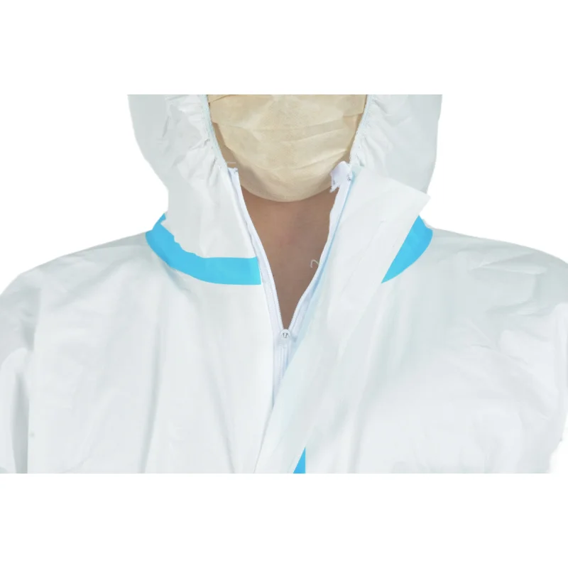 Promotion season with big discount for disposable protective coverall white color with hood without boots style with bule tape