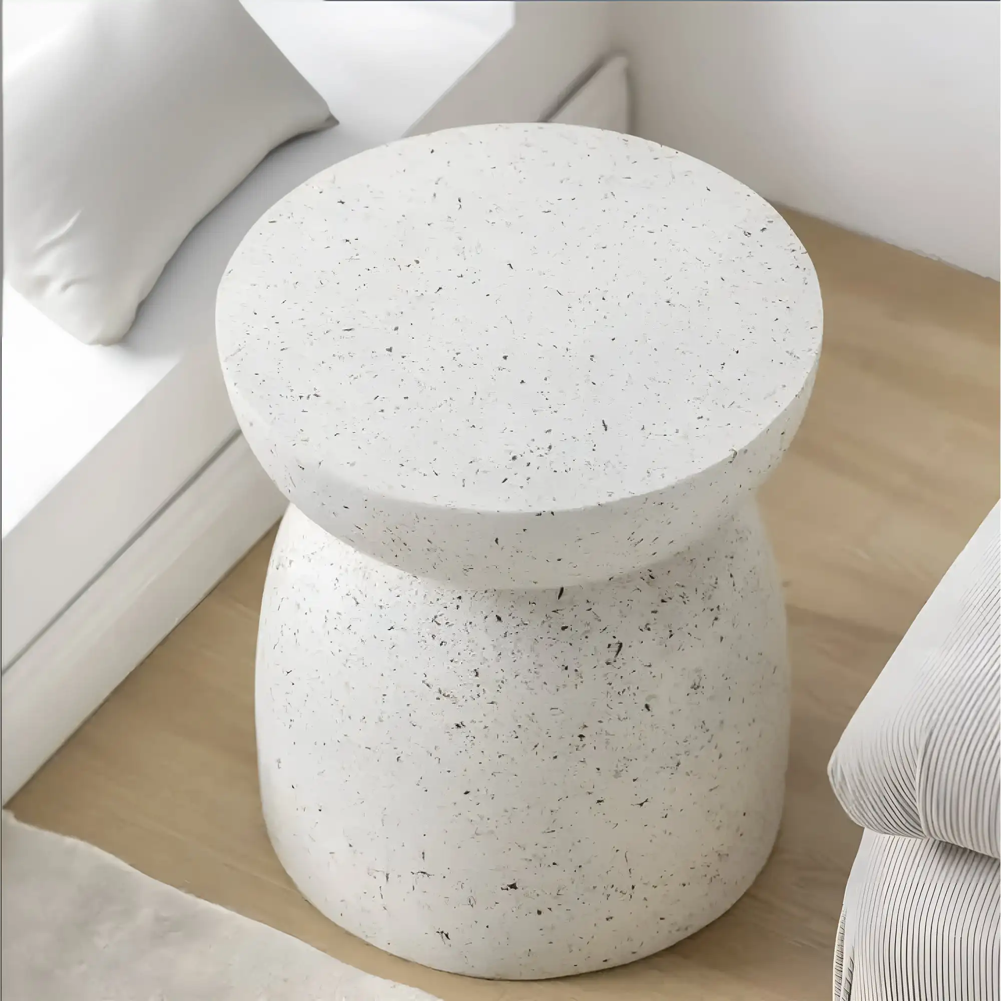 White Faux Terrazzo Drum Garden Table Only Suitable For Your Garden But Also Suitable For Living Space As An Accent Table
