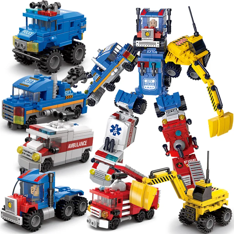 Lele Brother Customized Brick Toy Ambulance Police Car Fire Truck Transform Robot Building Blocks