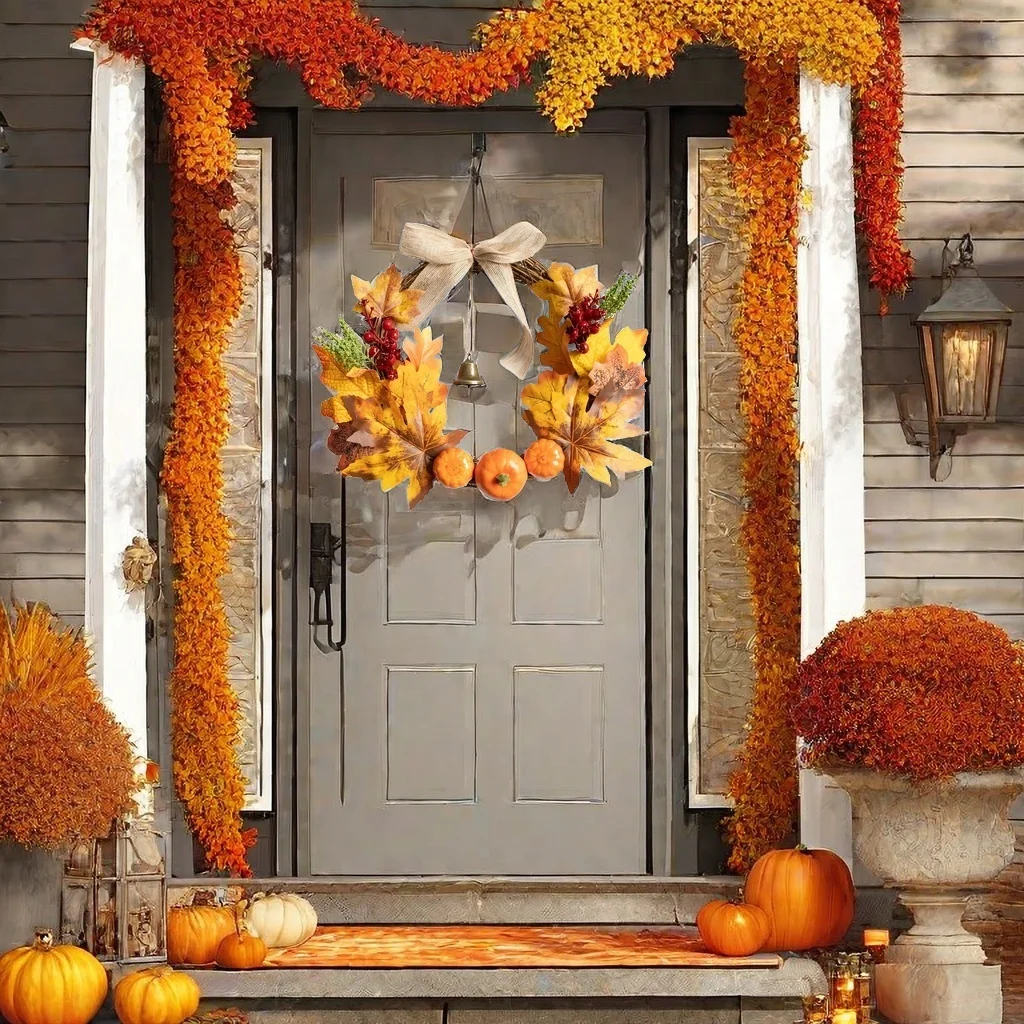 fall harvest festival maple leaf pumpkin wreath front door halloween bell garland fall farmhouse festival thanksgiving decor