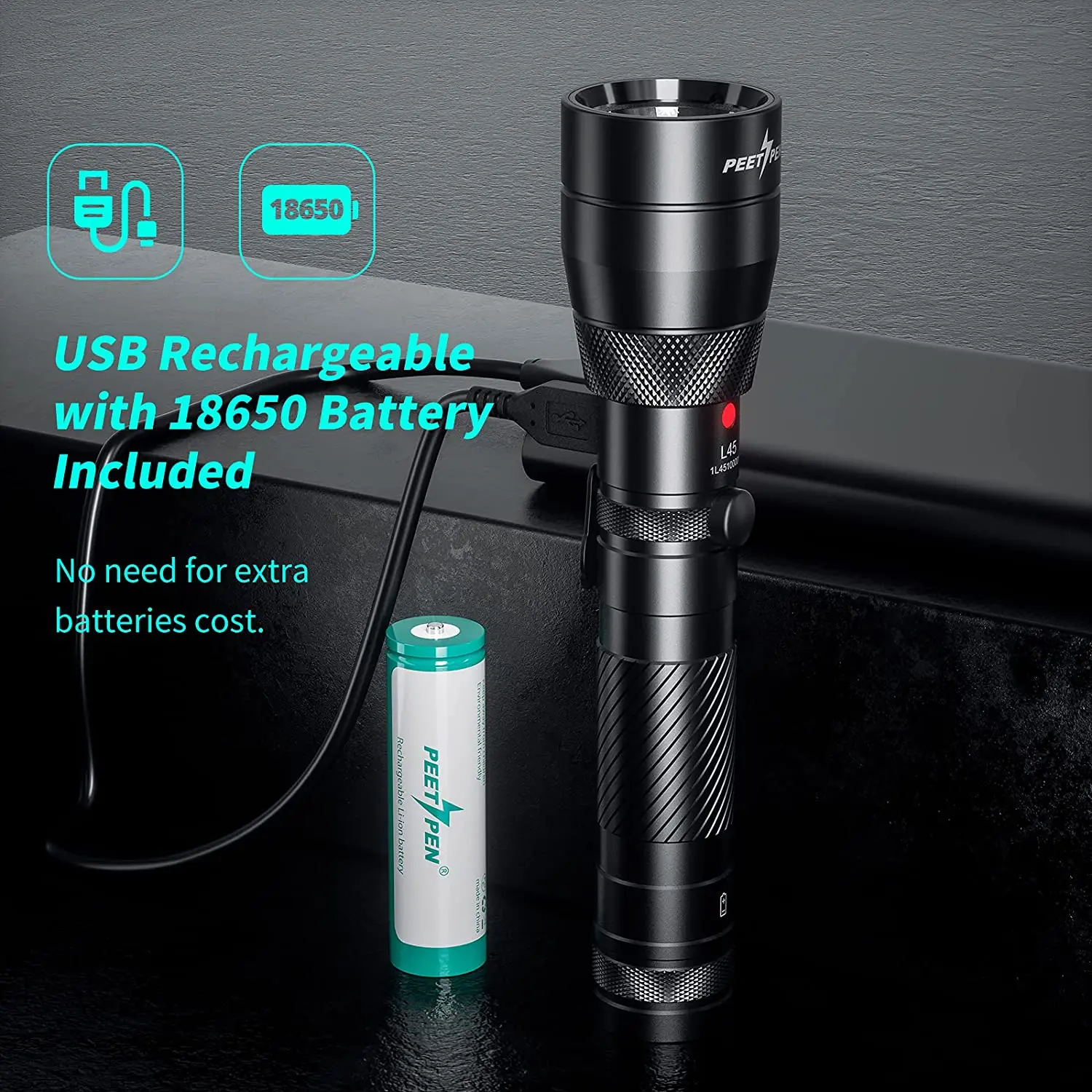 Peetpen L45 High power Aluminum Zoom Torch Light Tactical zoomable zooming Rechargeable Led Flashlight