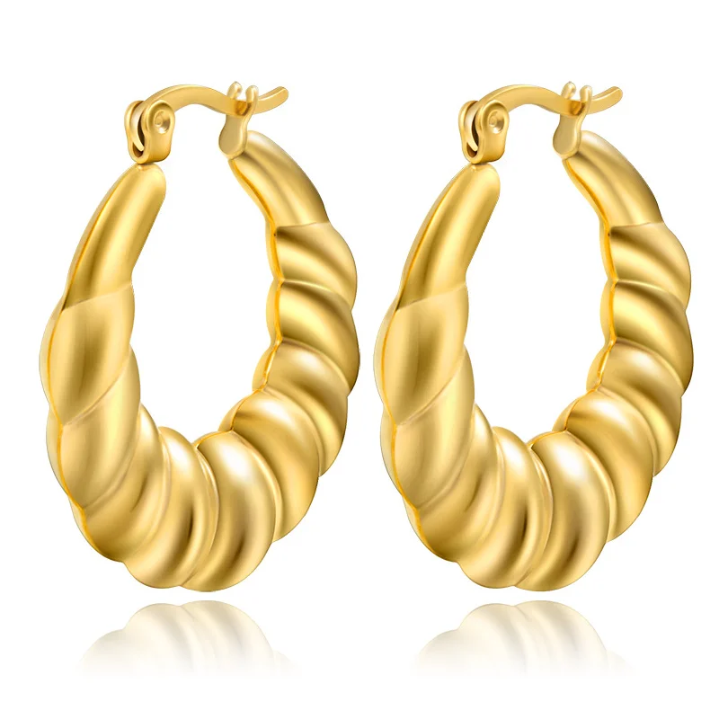 Trend Stainless Steel Hollow 18K Gold Plated Hoop Screw Twisted Earring