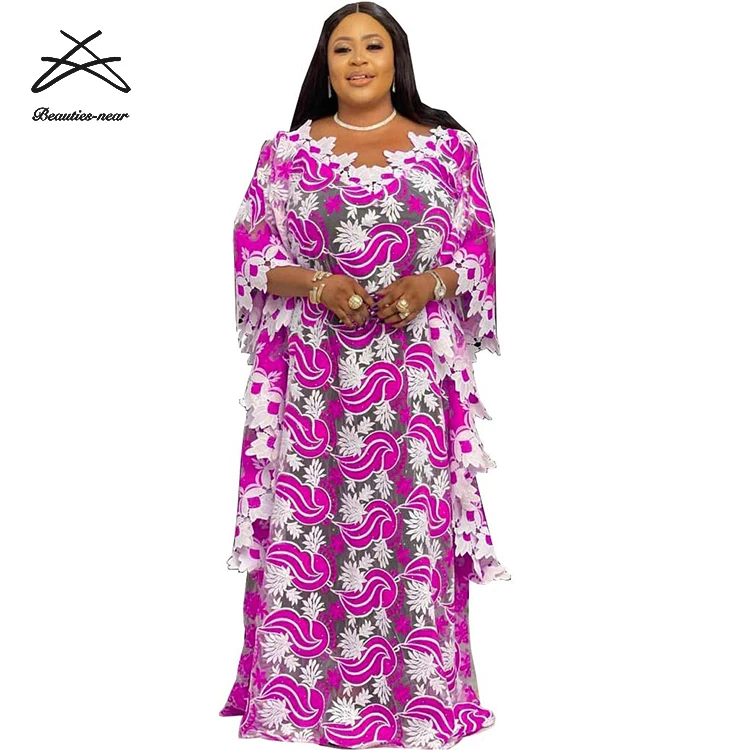 2021 New African Lace Loose Plus Size Dresses For Women Ankara Muslim Embroidery Wedding Party Maxi Kaftan Abaya Dress
