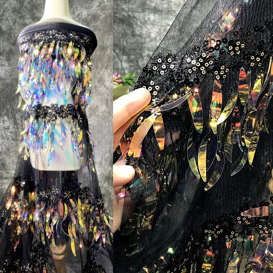 Black Designer Gradient Color Phantom Fashion Fabric fringed sequin laser clothing wedding net gauze dress fabric