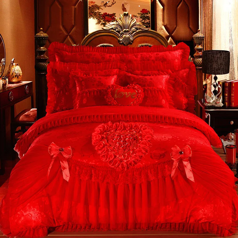 Zuoying Textile Wholesale American Style Cotton Princess Lace Embroidery Rose Red Wedding Bed Cover
