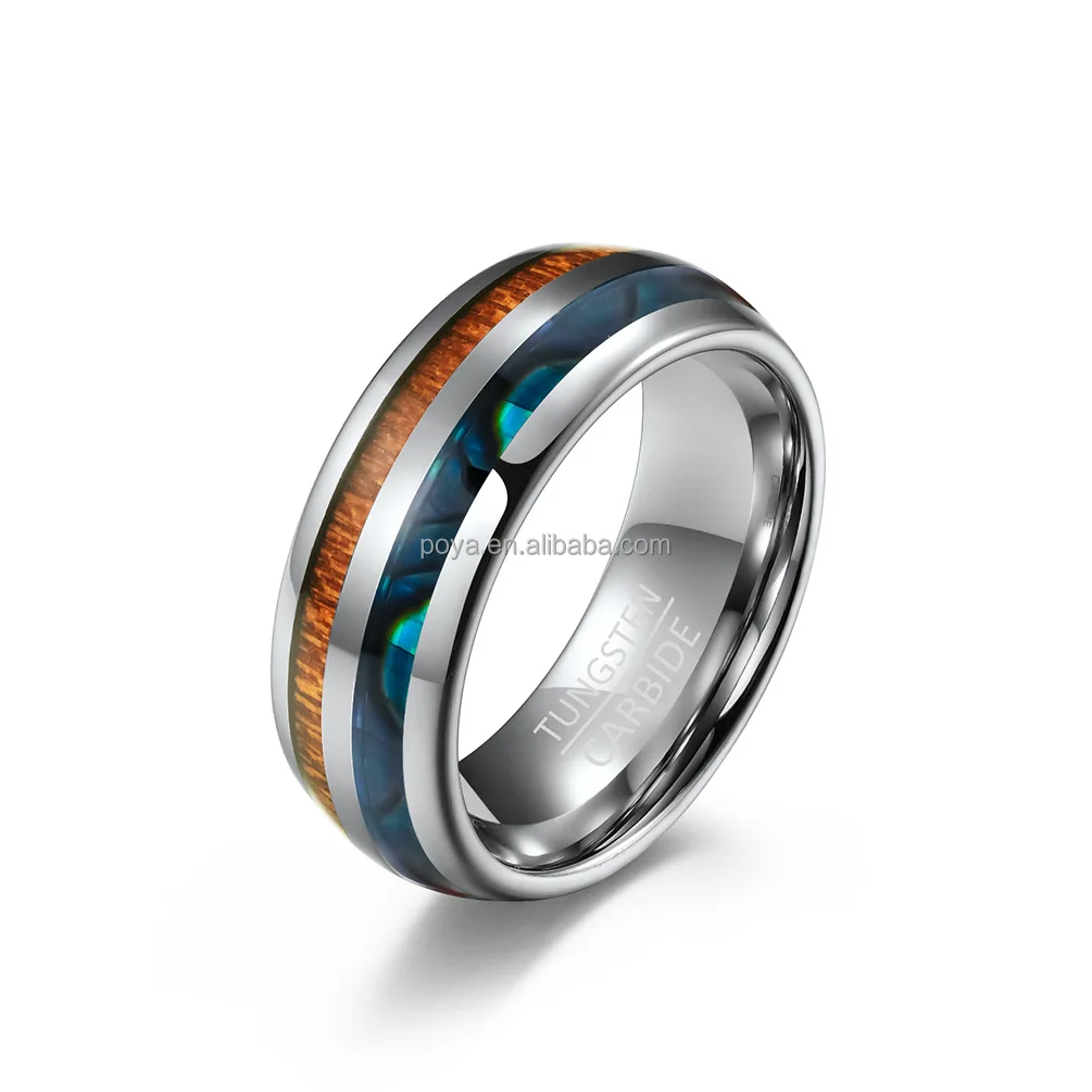 Poya New Arrival Ready To Ship Wood Abalone Shell Inlay Tungsten Carbide Ring For Men Women