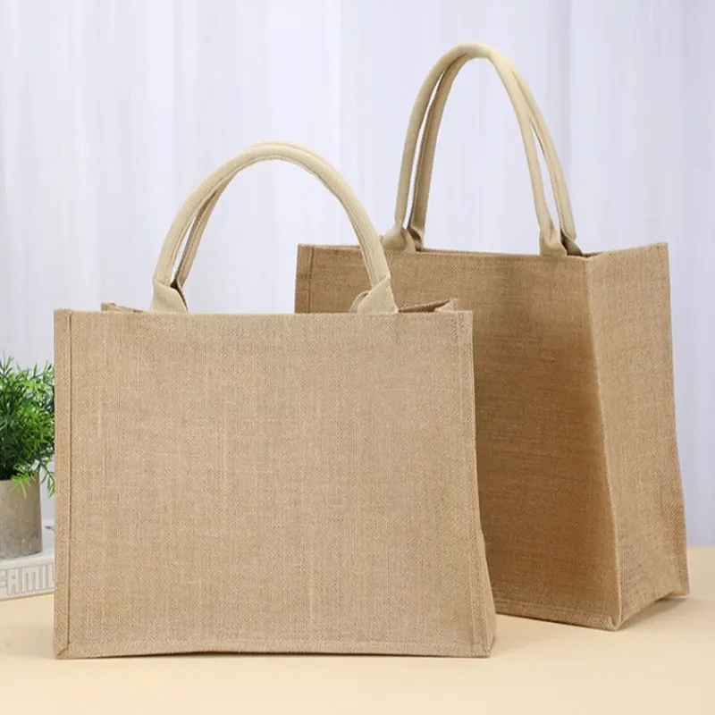 Custom Promotional Cheap Printed Burlap Jute Line Eco Natural Reusable Shopping Jute Tote Bag With Handle