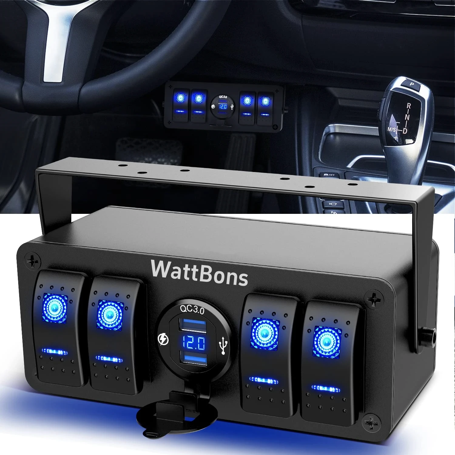 Rocker Switch Box 4 Gang 12V ON Off Switch 2 USB Car Socket Digital DC Voltmeter Waterproof Switch Panel Box for Boat RV Truck