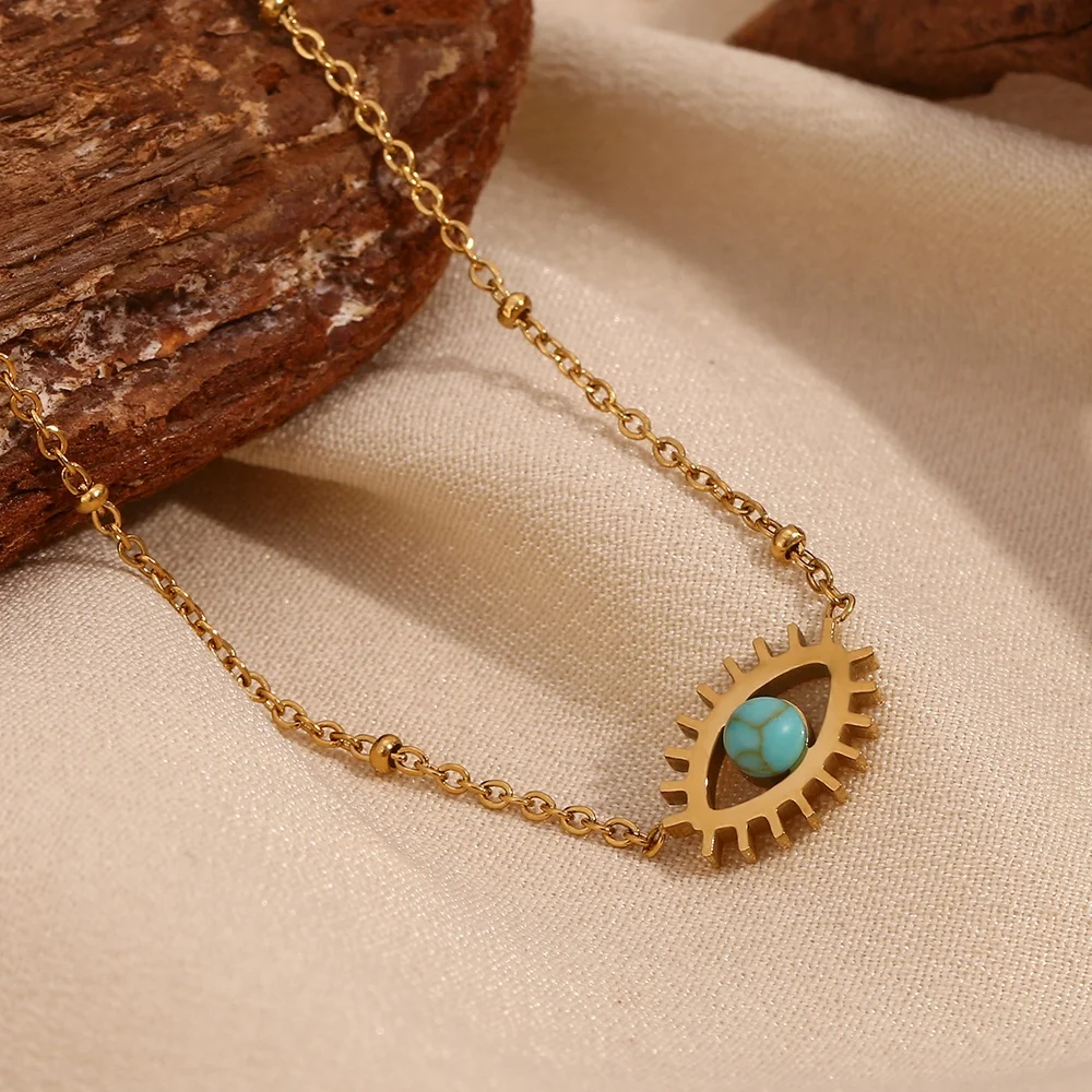 Hollow Dainty Turquoise Evil Eye Pendant Necklace 18k Gold Plated Stainless Steel Jewelry