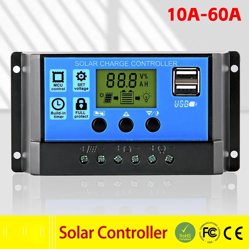 PWM Solar PV Charge and Discharge Controller 60A 50A 40A 30A 20A 10A 12V 24V Auto LCD Regulator with Dual USB