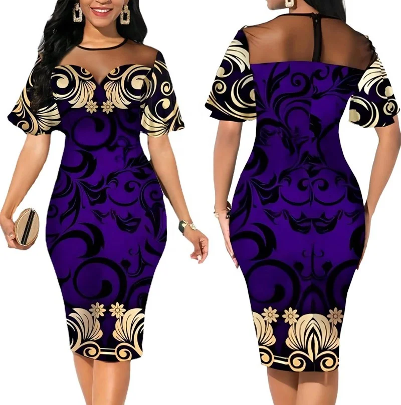 Y308030 Elegant Purple Print Party Dress for Women Sexy Mesh Short Sleeve Slim Office Lady Bodycon Dresses Summer OL Vestidos