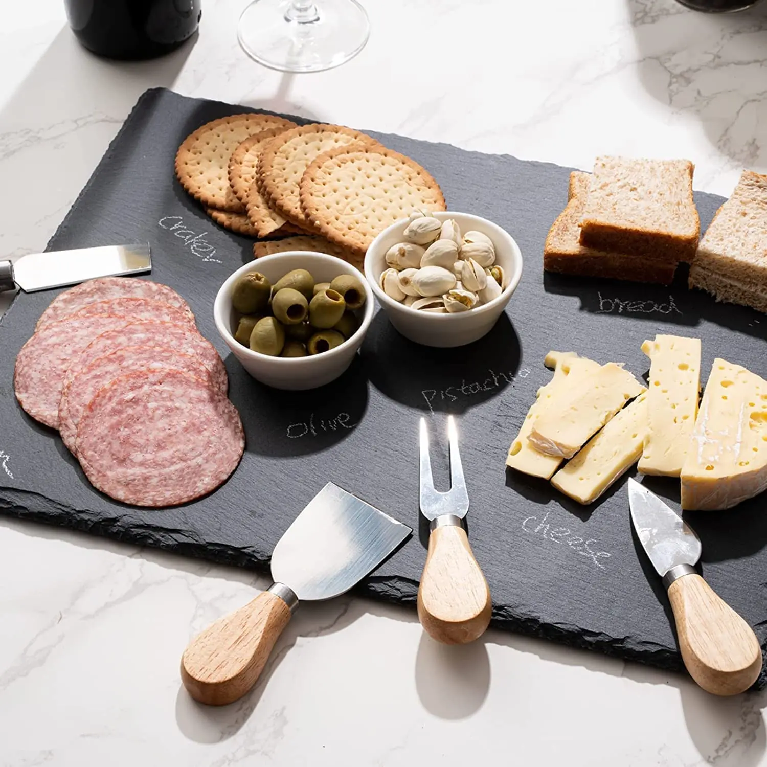 16 x 12 inch Large Slate Stone Board Set Slate Cheese Serving Tray with 4 Knives Forks 2 Ceramic Bowls Chalk Christmas