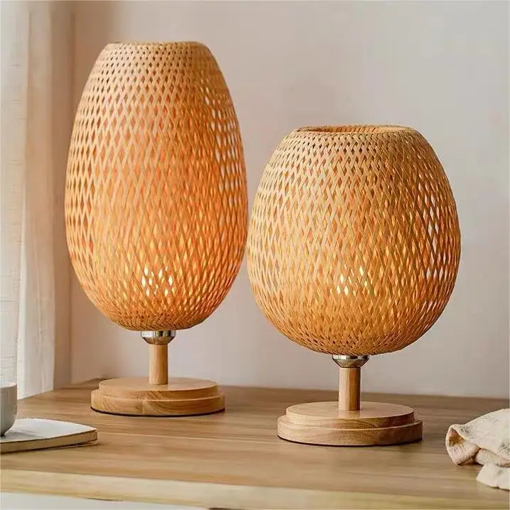 Ancient style B&B dining room decorative solid wood E27 table light compact tea room bedroom bamboo woven table lamp Rustic