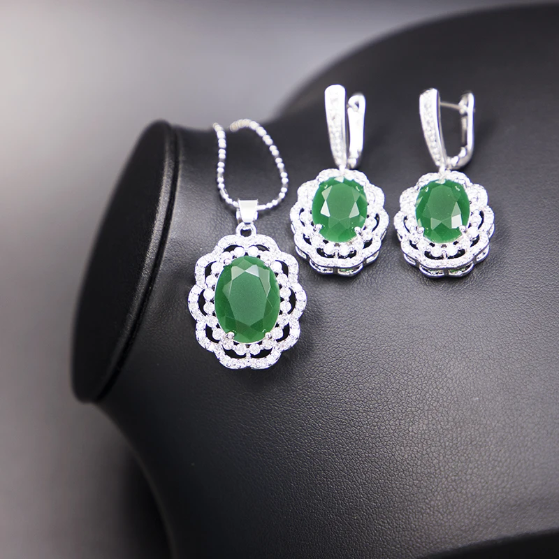 New Fashion Green Gem Jwelery Women Silver Ring Necklace Earring Four Piece Bridal Wedding Jewelry Sets