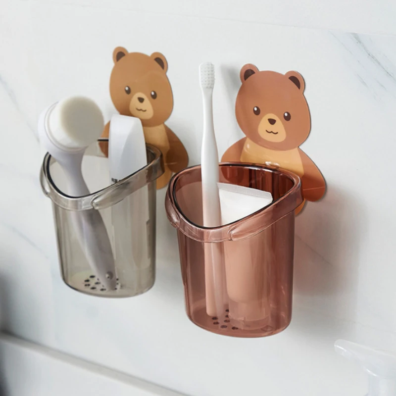 Teddy Bear Wall Mounted Toothbrush Holder Cup Punch Free Storage Rack Bathroom Supplies Organizer Bathroom Accessories