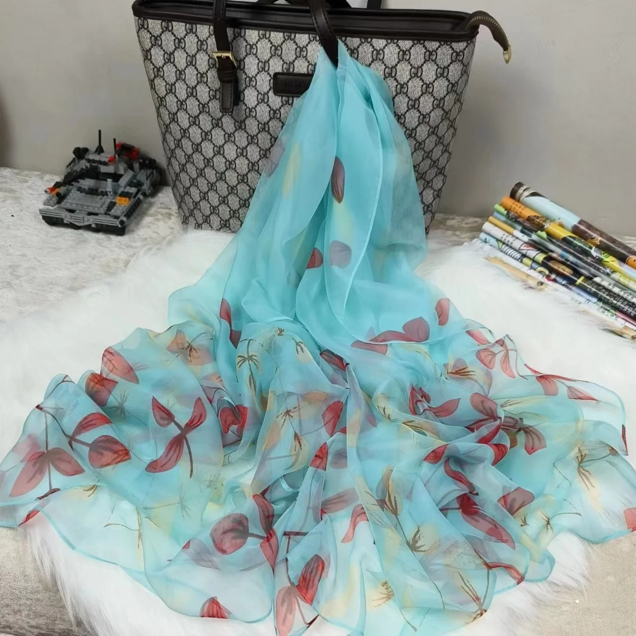 New Arrival YOYOURO Gauze Silk Scarf Gold Leaf Printed Long Beach Towel Easy Match Sun Protection Shawl Women Wholesale Travel