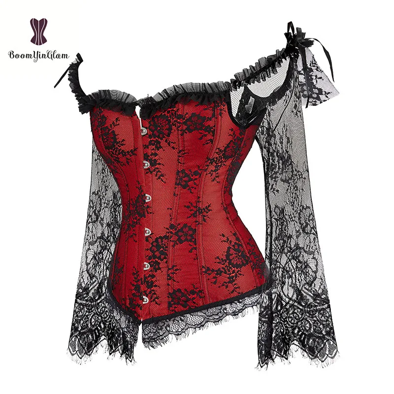 6 Row Busk Embroidered Floral Boned Bustier Overbust Lace Up Bodice Lingerie Red Corset Tops For Women With Sleeves Plus Size