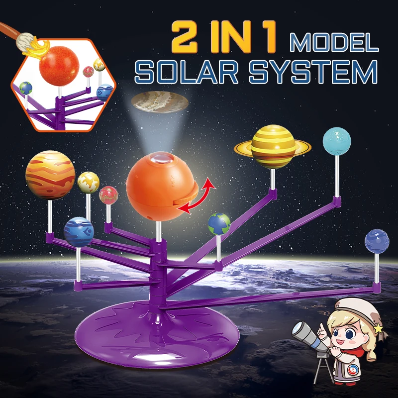 New 2 In 1 Astronomy Planet Teaching Model Diy Stem Solar System Nine Planet Toy with Planetarium Projector