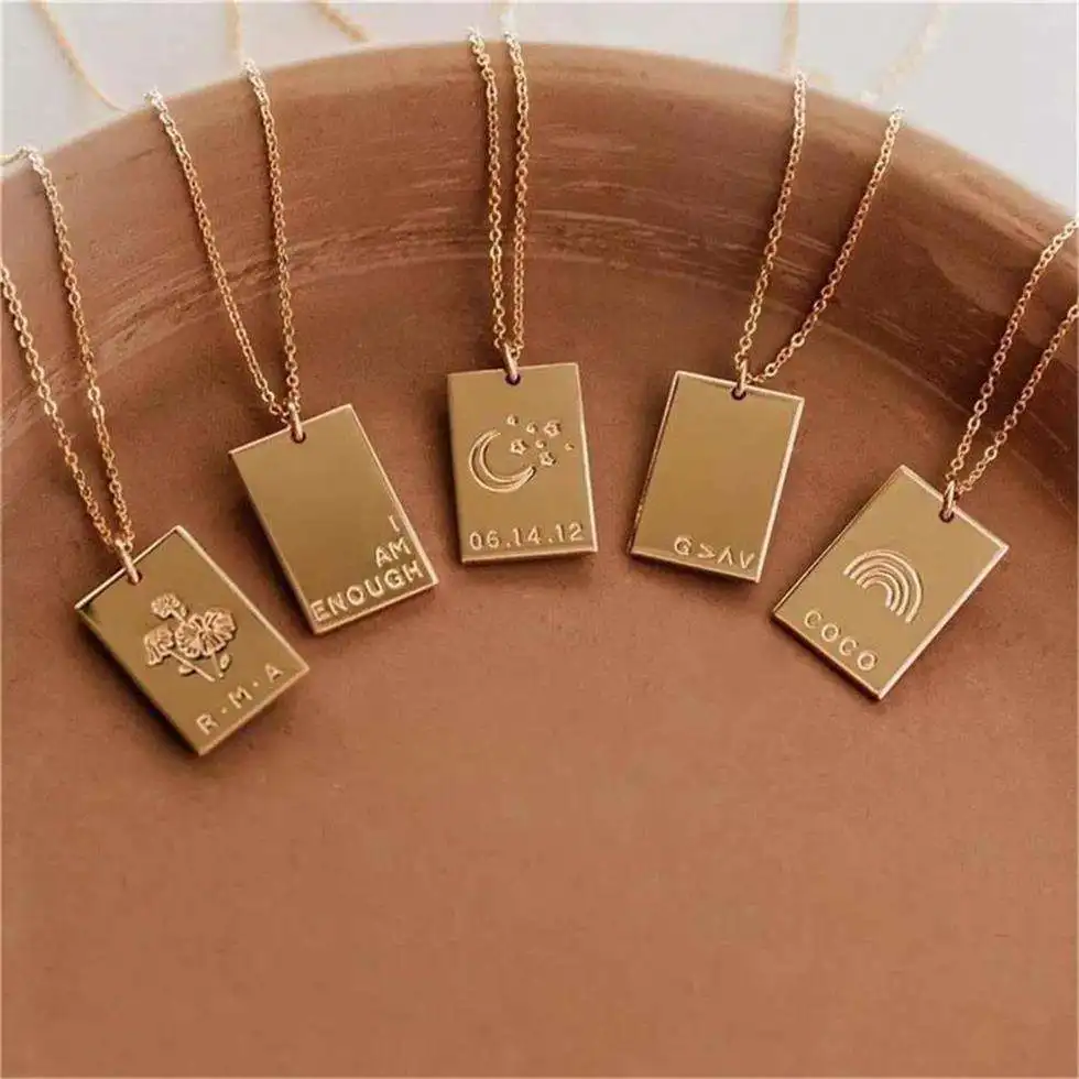 18K Gold Plated Stainless Steel Minimalist Jewelry Inspired Friendship Memorial Love Letter Rectangle Square Pendant Necklace