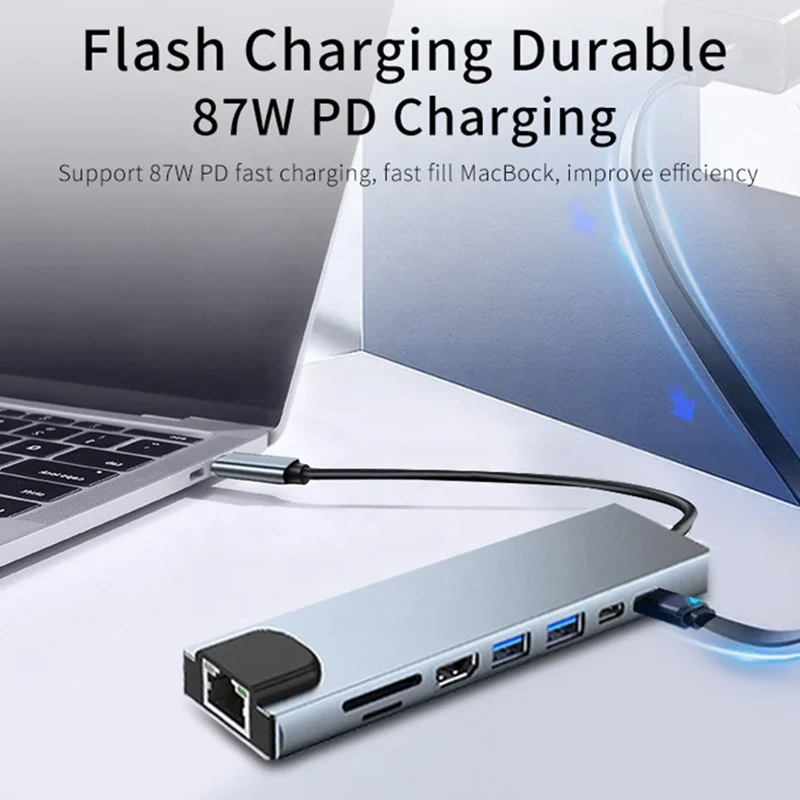 Xput Aluminum Docking Station Type C Hub 8 In 1 USB C Hub USB 3.0 TF SD 100Mbps Ethernet 4K HDMI USB-C Multiport Adapter