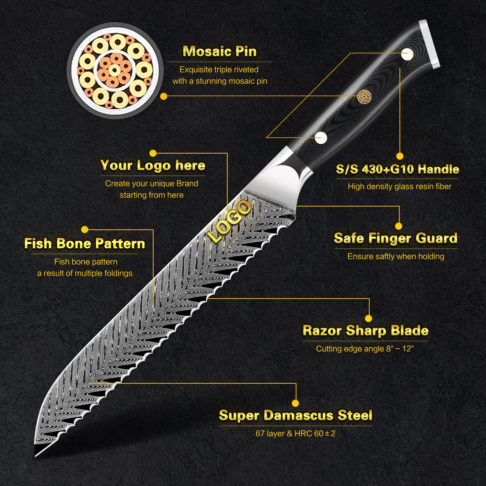 10% off Custom Logo G10 Handle 67 layers vg10 8 inch Damascus bread knife With Fish Bone Pattern