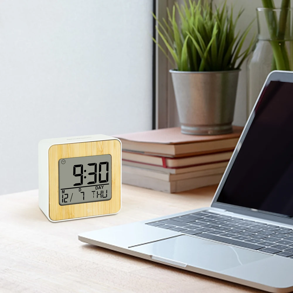 New Home Decorative Bamboo Finish Desk Table Clock Multifunctional Digital Alarm Clock LCD Clock