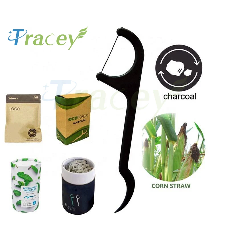 Wholesale Bamboo Charcoal Dental Flosser Toothbrush Biodegradable Tooth Pick Bulk Eco-friendly Dental Floss Picks