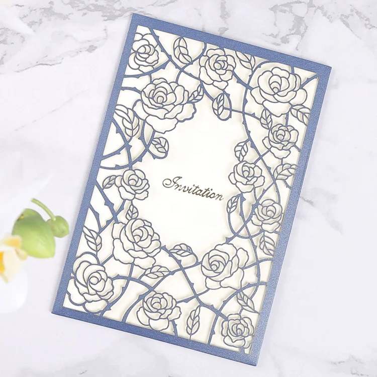 
Korean style rsvp wedding invitations blue rose laser cut wedding invitations 