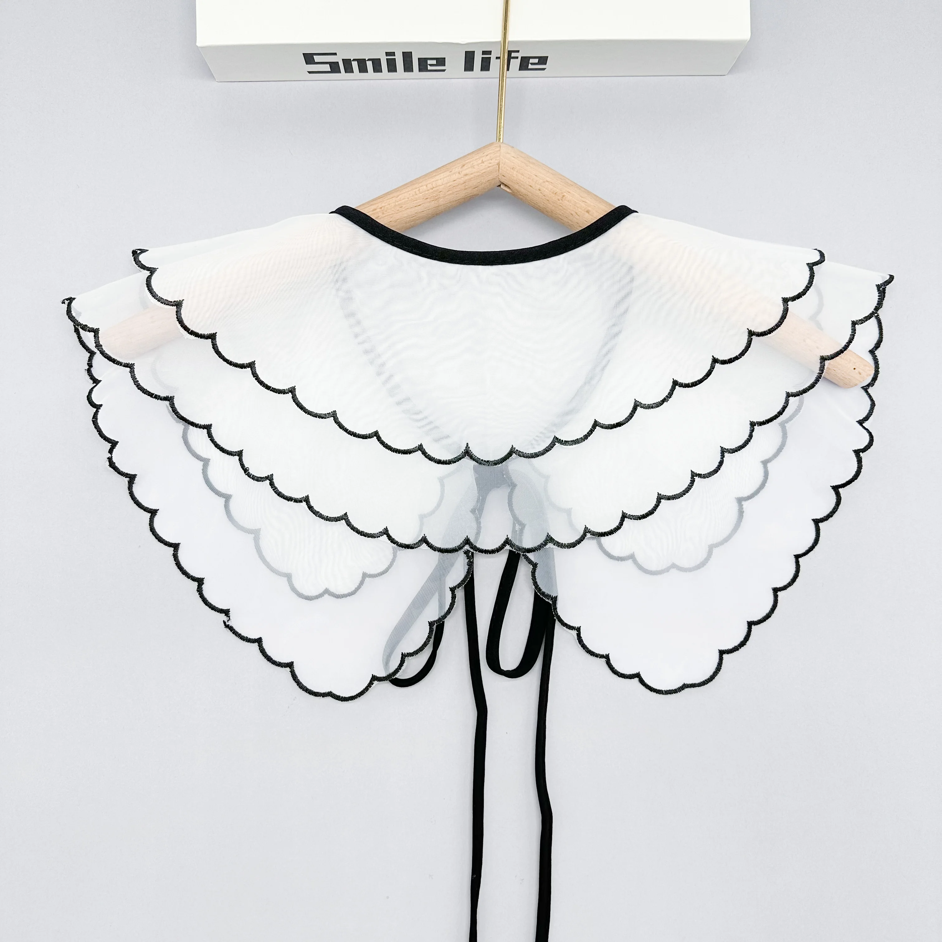 Versatile Double-Layer Organza Fake Collar, Black Border Tie Shawl Collar,Shirt Outer Outfit