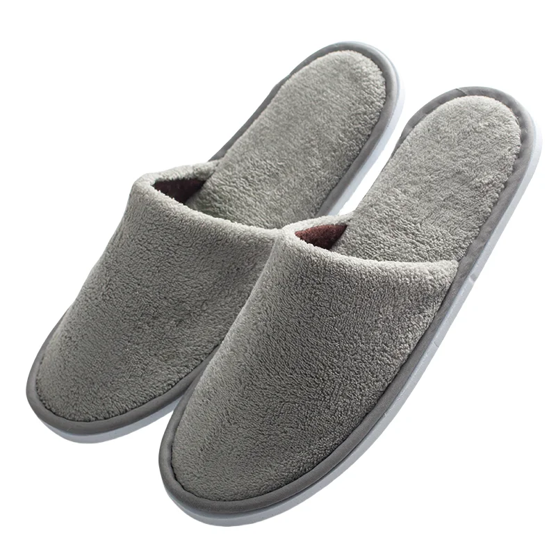 Grey Coral Fleece Disposable Slippers Luxurious Open Toe Design EVA Sole Soft Comfortable Logo Embroidery Printing Hotels Travel Hotel Supplies Amenity