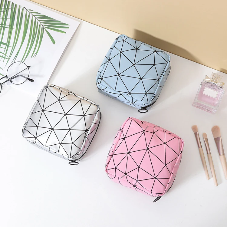 Portable Multifunctional Pu Women Menstrual Sanitary Napkin Organizer Pouch Makeup Pouch Small Travel Rhombus Cosmetic Bag