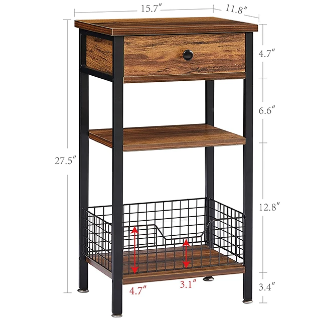 Living room bedroom  kitchen high side table 3 layers of side support with storage basket, metal frame